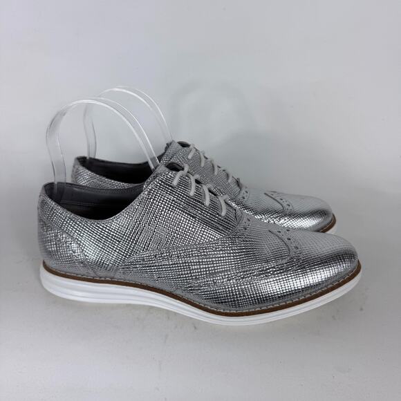 Cole Haan Grand.Os Oxford Shoes Womens 9 Metallic Silver Wingtip Lace-Up Comfort - Picture 2 of 10